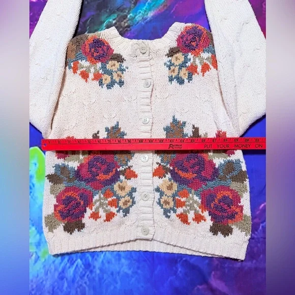 Vintage Casual Corner Cream Cardigan with Pink & Orange Floral Intarsia - Picture 5 of 6